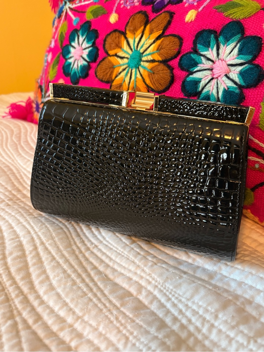 J. McLaughlin Black Croc-Embossed Patent Leather Clutch with Gold Hardware
